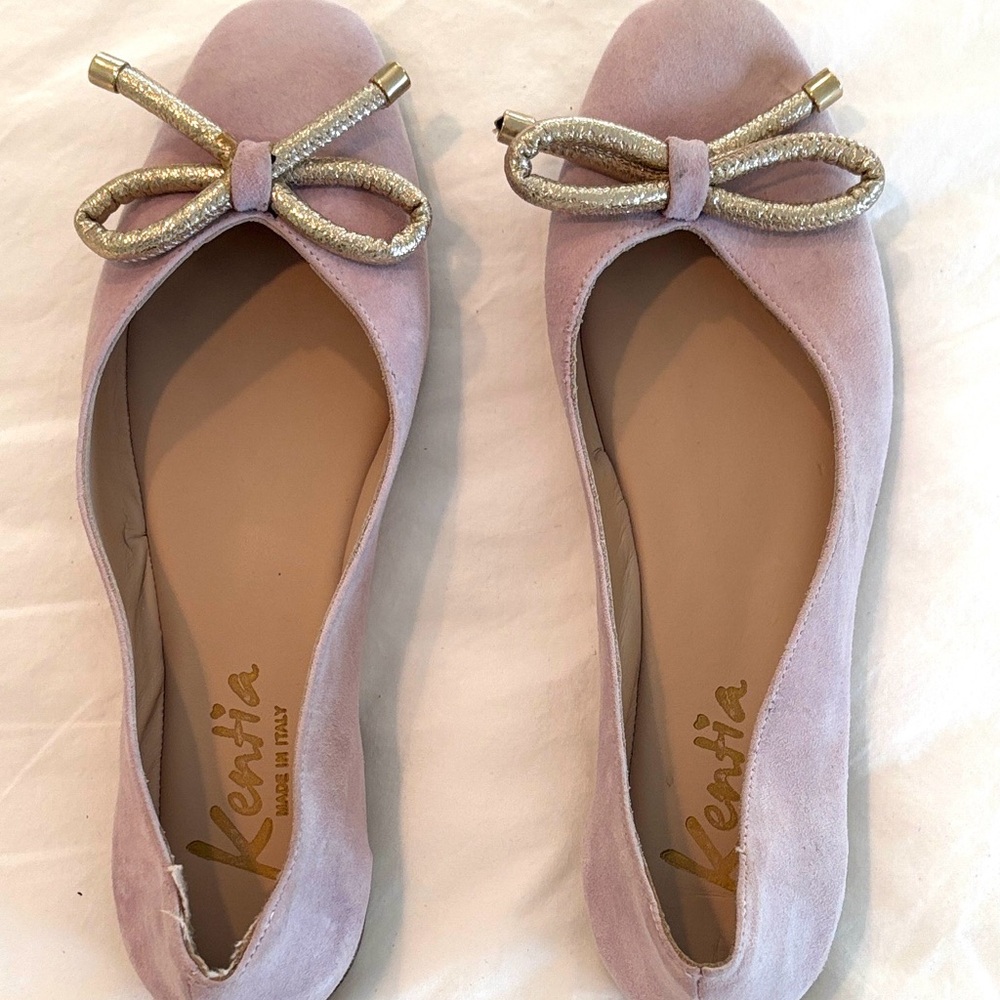 Kentia Blush Suede Ballet Flats with Gold Bow Accent